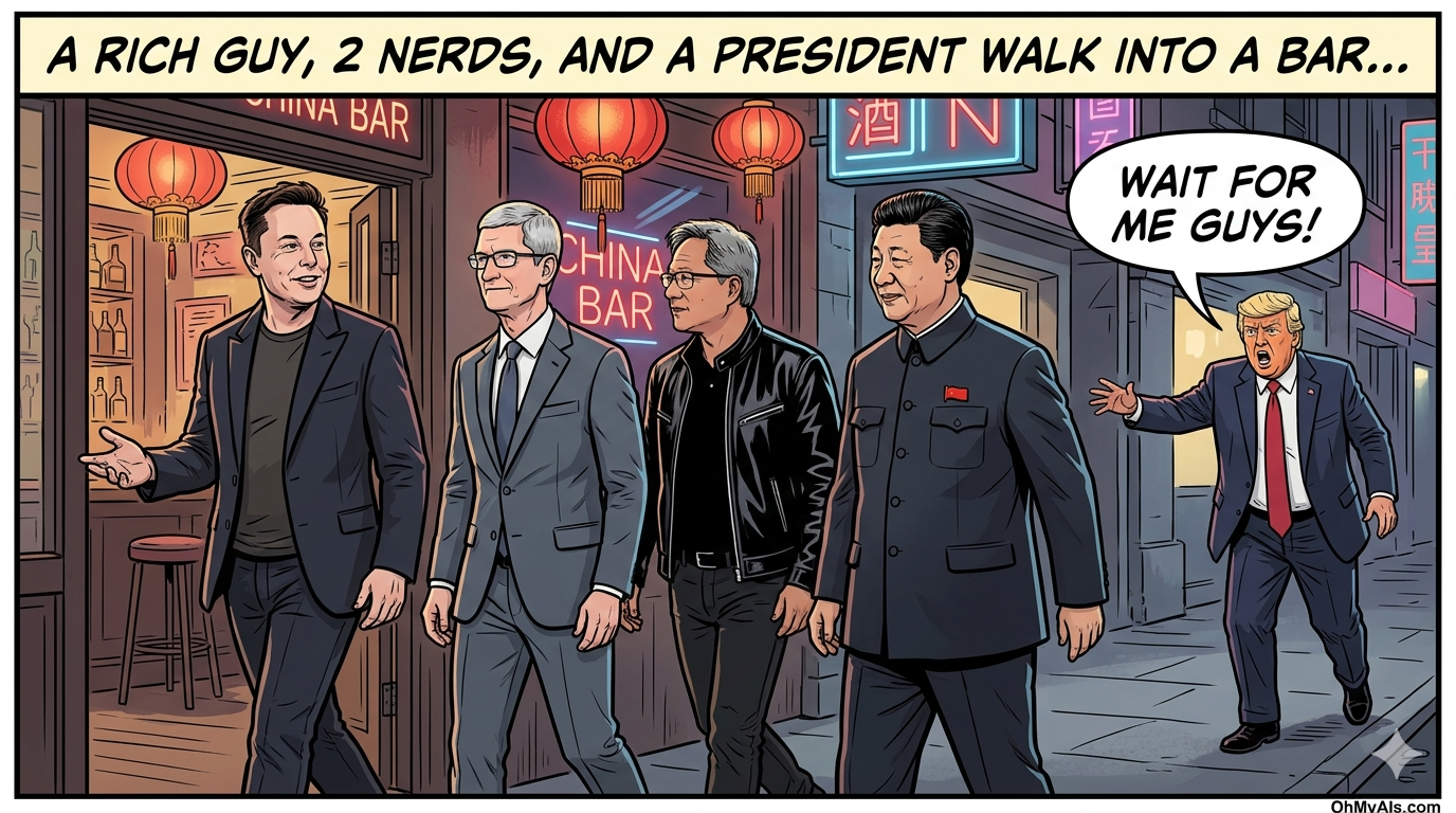 A satirical comic showing Elon Musk, Tim Cook, Jensen Huang, and Xi Jinping walking into a bar in China while Donald Trump chases after them.