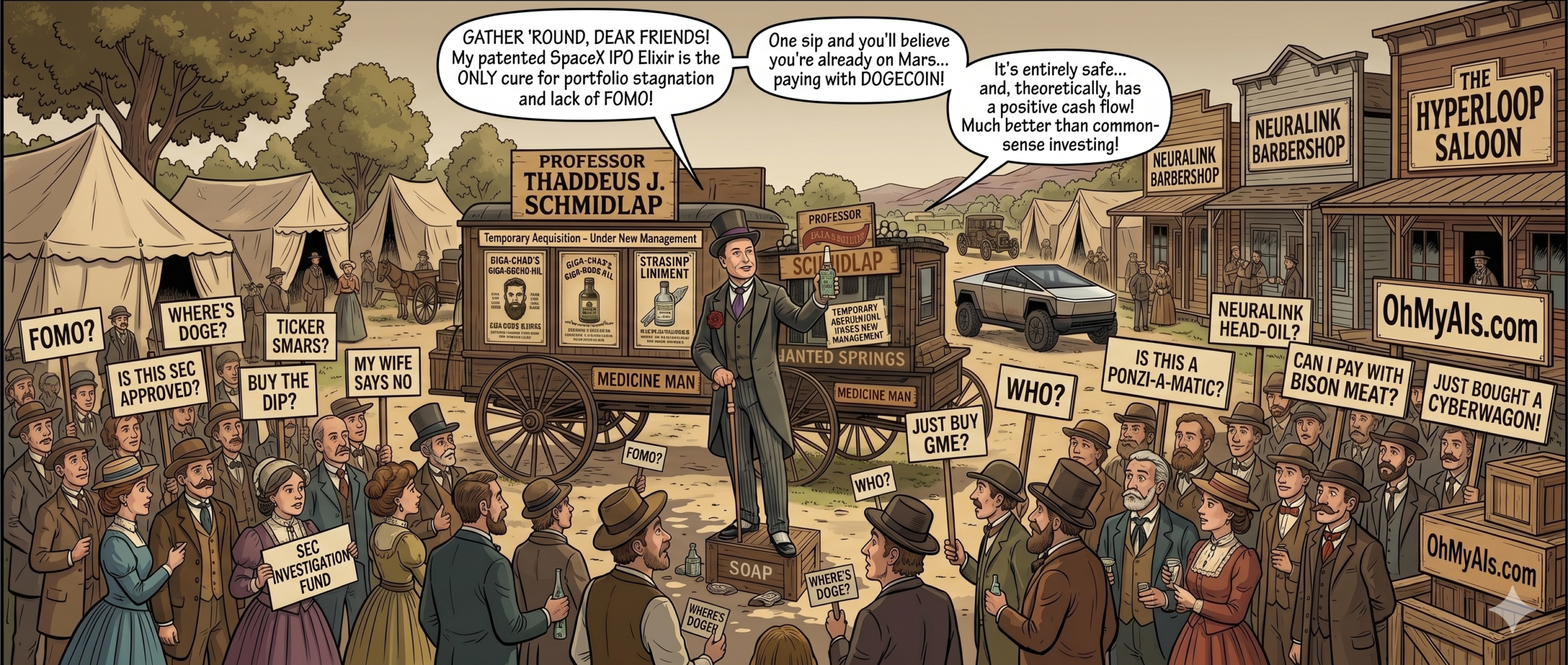 A comic panel depicting Elon Musk dressed as a 19th-century snake oil salesman. He is standing on a wooden soapbox in front of a vintage medicine wagon, holding up a bottle labeled "SpaceX IPO Elixir." A crowd of onlookers surrounds him holding signs that read "FOMO?", "WHERE'S DOGE?", and "JUST BUY GME?".