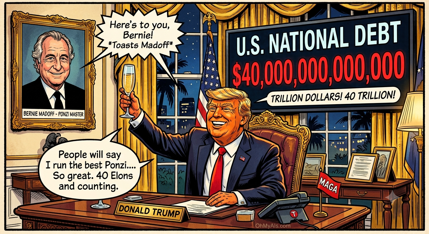 A satirical comic illustration of Donald Trump sitting at the Resolute Desk, toasting a portrait of Bernie Madoff. A large display shows the U.S. National Debt at $40 trillion. Trump's speech bubble reads, "People will say I run the best Ponzi.... So great. 40 Elons and counting."